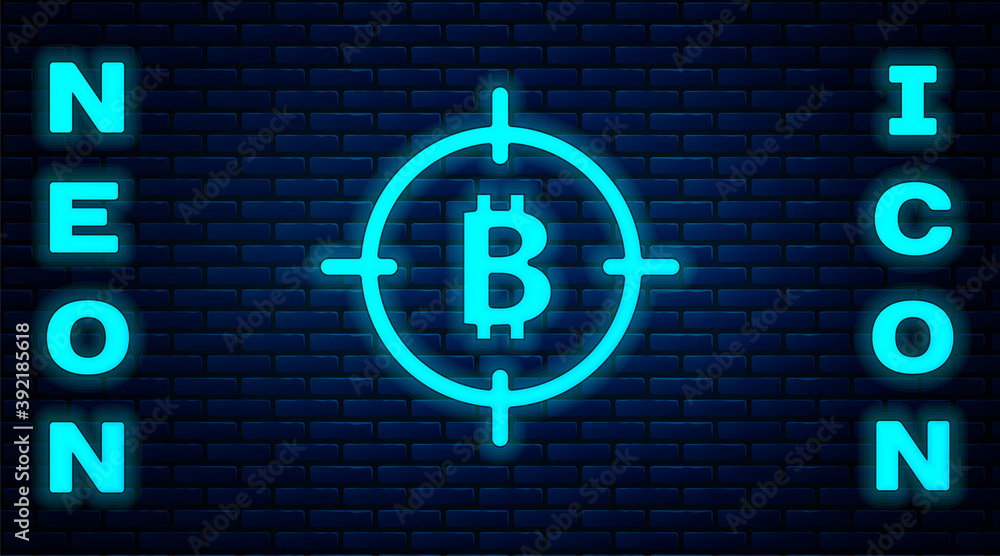 Glowing neon Bitcoin in the target icon isolated on brick wall background. Investment target icon. Vector. Glowing neon Bitcoin in the target icon isolated on brick wall background. Investment target icon. Vector.