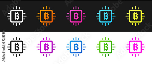 Set CPU mining farm icon isolated on black and white background. Bitcoin sign inside processor. Cryptocurrency mining community. Digital money. Vector.