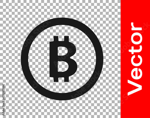 Black Cryptocurrency coin Bitcoin icon isolated on transparent background. Physical bit coin. Blockchain based secure crypto currency. Vector.