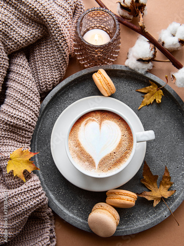 Beautiful and romantic autumn composition with cup of coffee