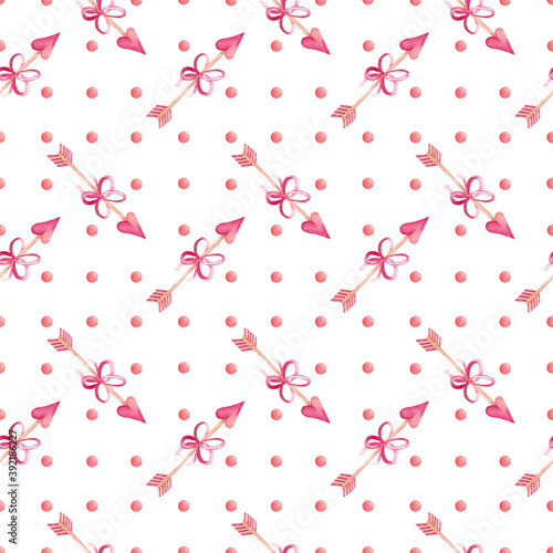 Seamless pattern with hearts and arrows on Love theme. Red Valentines Day background. Hand drawn watercolor background for wrapping paper, design, fabrics, cards and other purposes.