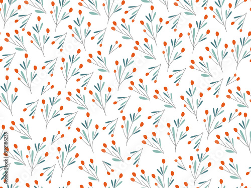 Seamless Christmas pattern with branches, berries and leaves. Hand drawn sketch. Vector floral illustration with a design element for the New Year. Design of wallpapers, textiles, cards, gifts.