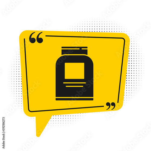 Black Sports nutrition bodybuilding proteine power drink and food icon isolated on white background. Yellow speech bubble symbol. Vector.