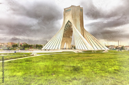 Azadi Tower colorful painting 1970s Tehran Iran