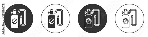 Black Pressure sprayer for extermination of insects icon isolated on white background. Pest control service. Disinfectant sprayer. Circle button. Vector.