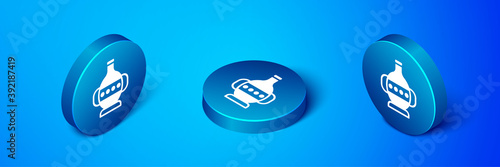 Isometric Ancient amphorae icon isolated on blue background. Blue circle button. Vector.