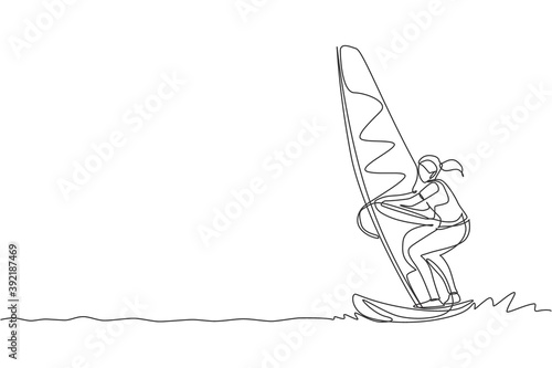 One single line drawing of young sporty woman play windsurfing in the sea beach vector illustration. Healthy lifestyle and extreme sport concept. Summer vacation. Modern continuous line draw design