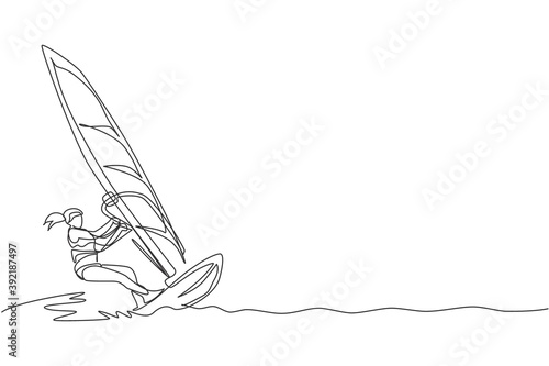 Single continuous line drawing of young sporty surfer woman play windsurfing in the sea. Extreme dangerous sea sport concept. Summer holiday vacation. Trendy one line draw design vector illustration