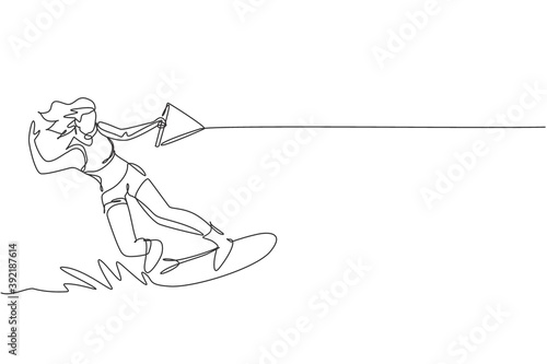 One continuous line drawing of young energetic woman fun play wakeboarding in sea ocean. Healthy lifestyle sport concept. Happy tourist vacation. Dynamic single line draw design vector illustration