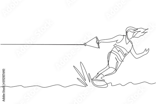 One single line drawing of young sporty man play wakeboarding in the sea beach vector illustration. Healthy lifestyle and extreme sport concept. Summer vacation. Modern continuous line draw design