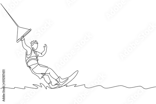Single continuous line drawing of young sporty surfer man play wakeboarding in the sea. Extreme dangerous sea sport concept. Summer holiday vacation. Trendy one line draw design vector illustration