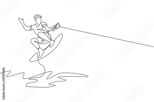 One single line drawing of young sporty man play wakeboarding in the sea beach vector illustration. Healthy lifestyle and extreme sport concept. Summer vacation. Modern continuous line draw design