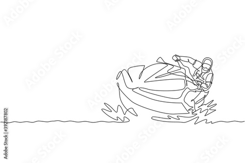 One continuous line drawing of young energetic man fun play jet skiing in the sea ocean. Healthy lifestyle sport concept. Happy tourist vacation. Dynamic single line draw design vector illustration