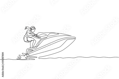 One single line drawing young sporty man play jet skiing in the sea beach graphic vector illustration. Healthy lifestyle and extreme sport concept. Summer vacation. Modern continuous line draw design