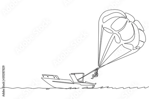Single continuous line drawing young tourist man flying with parasailing parachute on the sky pulled by a boat. Extreme vacation holiday sport concept. One line draw design vector graphic illustration