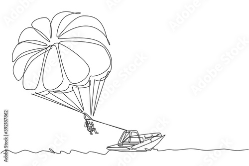 One continuous line drawing of young bravery flying in the sky using parasailing parachute behind the boat. Outdoor dangerous extreme sport concept. Dynamic single line draw design vector illustration