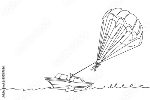 One single line drawing of young sporty man flying with parasailing parachute on the sky pulled by a boat vector graphic illustration. Extreme sport concept. Modern continuous line draw design