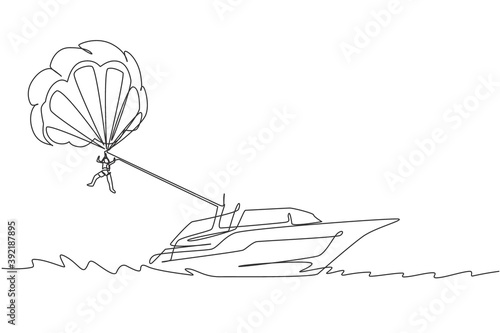 Single continuous line drawing of young tourist flying with parasailing parachute on the sky pulled by a boat. Extreme vacation holiday sport concept. Trendy one line draw design vector illustration