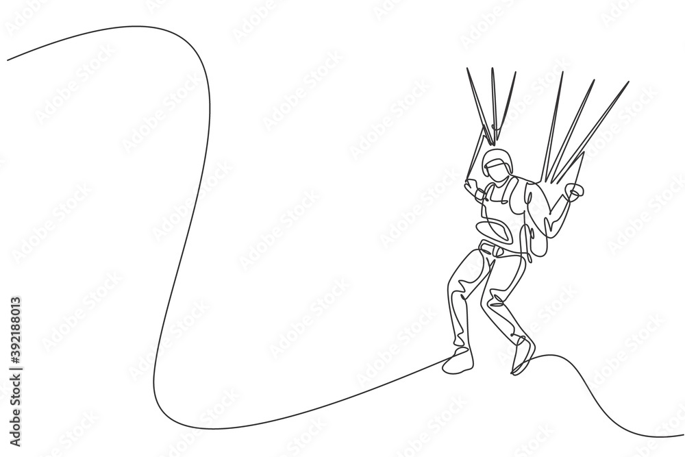One continuous line drawing of young bravery man flying in the sky using paragliding parachute. Outdoor dangerous extreme sport concept. Dynamic single line draw design graphic vector illustration One continuous line drawing of young bravery man flying in the sky using paragliding parachute. Outdoor dangerous extreme sport concept. Dynamic single line draw design graphic vector illustration