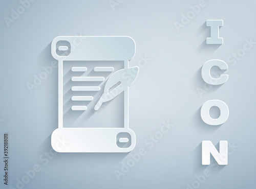 Paper cut Decree, paper, parchment, scroll icon icon isolated on grey background. Paper art style. Vector.