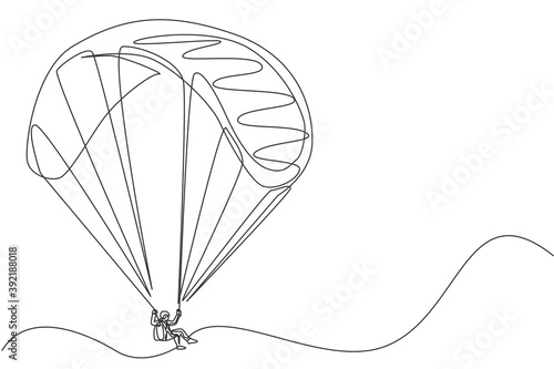 One single line drawing of young sporty man flying with paragliding parachute on the sky vector illustration graphic. Extreme sport concept. Modern continuous line draw design photo
