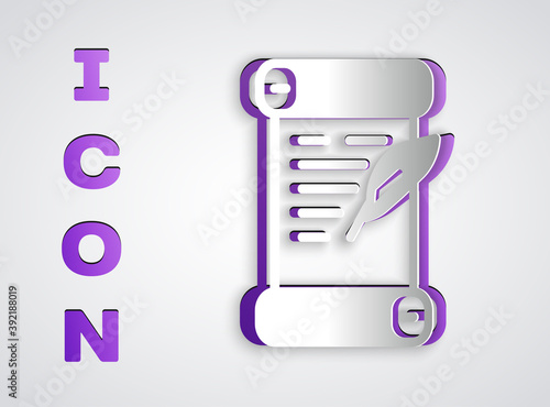 Paper cut Decree, paper, parchment, scroll icon icon isolated on grey background. Paper art style. Vector.
