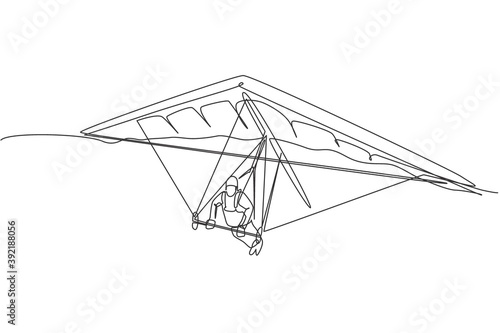 One continuous line drawing of young bravery man flying in the sky using hang gliding parachute. Outdoor dangerous extreme sport concept. Dynamic single line draw design vector illustration graphic