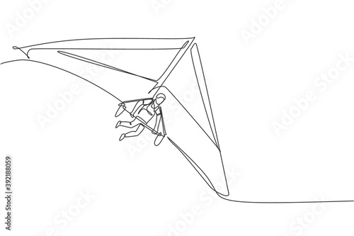 One single line drawing of young sporty man flying with hang gliding parachute on the sky vector graphic illustration. Extreme sport concept. Modern continuous line draw design