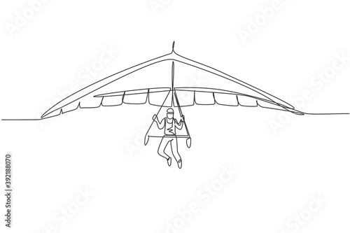 Single continuous line drawing of young tourist man flying with hang gliding parachute on the sky. Extreme vacation holiday sport concept. Trendy one line draw design graphic vector illustration