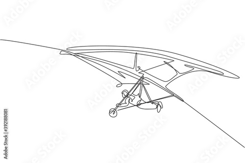One continuous line drawing of young bravery man flying in the sky using hang gliding parachute. Outdoor dangerous extreme sport concept. Dynamic single line draw design vector illustration graphic