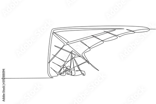 One single line drawing of young sporty man flying with hang gliding parachute on the sky graphic vector illustration. Extreme sport concept. Modern continuous line draw design