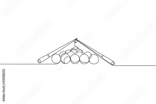 Single continuous line drawing of triangle pyramid balls stack for pool billiards game at billiard room. Indoor sport game concept. Trendy one line draw design vector illustration graphic