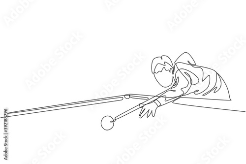 One single line drawing of young handsome man playing pool billiards at billiard room vector illustration graphic. Indoor sport recreational game concept. Modern continuous line draw design