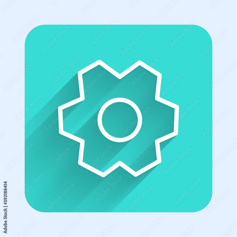 White line Gear icon isolated with long shadow. Cogwheel gear settings sign. Cog symbol. Green square button. Vector Illustration.