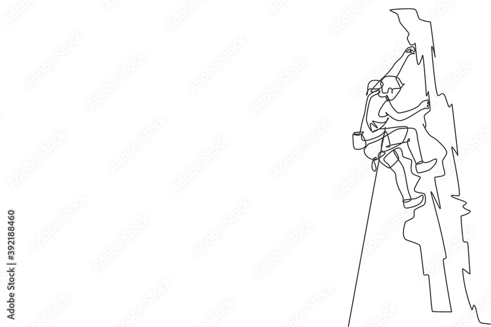 Single continuous line drawing of young muscular climber woman climbing