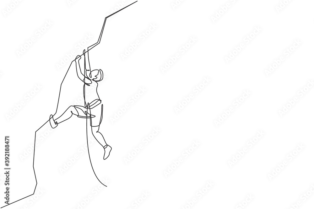 One single line drawing of young active man climbing on cliff mountain holding safety rope graphic vector illustration. Extreme outdoor sport and bouldering concept. Modern continuous line draw design