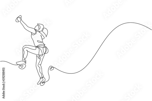 Single continuous line drawing of young muscular climber woman climbing hanging on mountain grip. Outdoor active lifestyle and rock climbing concept. Trendy one line draw design vector illustration