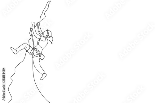 One single line drawing young active woman climbing on cliff mountain holding safety rope vector illustration graphic. Extreme outdoor sport and bouldering concept. Modern continuous line draw design