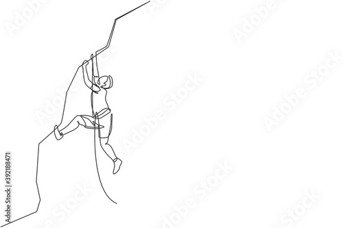 One single line drawing of young active man climbing on cliff mountain holding safety rope graphic vector illustration. Extreme outdoor sport and bouldering concept. Modern continuous line draw design