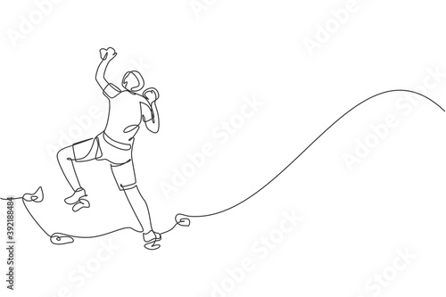 Single continuous line drawing of young muscular rockclimber man climbing hanging on mountain grip. Outdoor active lifestyle and rock climbing concept. Trendy one line draw design vector illustration