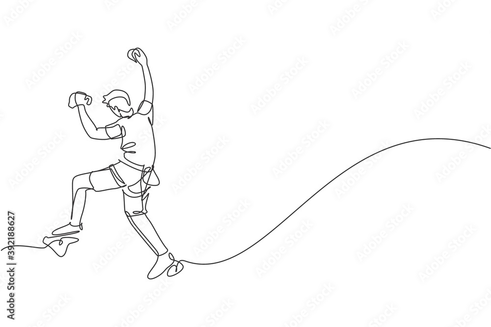One single line drawing of young active man climbing on cliff mountain holding safety rope vector graphic illustration. Extreme outdoor sport and bouldering concept. Modern continuous line draw design One single line drawing of young active man climbing on cliff mountain holding safety rope vector graphic illustration. Extreme outdoor sport and bouldering concept. Modern continuous line draw design