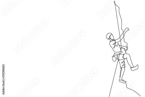 Single continuous line drawing of young muscular rockclimber man climbing hanging on mountain grip. Outdoor active lifestyle and rock climbing concept. Trendy one line draw design vector illustration