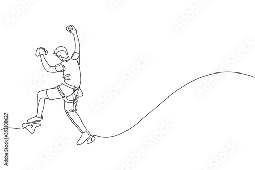 One single line drawing of young active man climbing on cliff mountain holding safety rope vector graphic illustration. Extreme outdoor sport and bouldering concept. Modern continuous line draw design