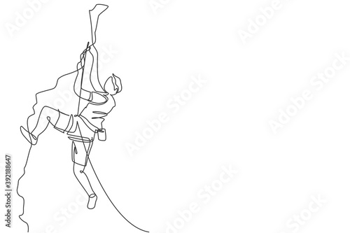 Single continuous line drawing of young muscular rockclimber man climbing hanging on mountain grip. Outdoor active lifestyle and rock climbing concept. Trendy one line draw design vector illustration