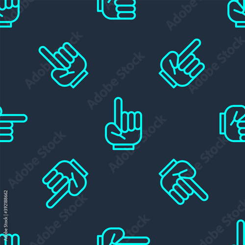 Green line Number 1 one fan hand glove with finger raised icon isolated seamless pattern on blue background. Symbol of team support in competitions. Vector Illustration.