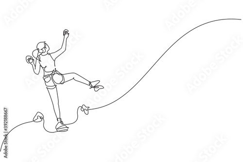 Single continuous line drawing of young slim muscular rockclimber woman climbing hanging on grip. Outdoor active lifestyle and rock climbing concept. Trendy one line draw design vector illustration