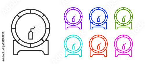 Black line Wooden barrel on rack with stopcock icon isolated on white background. Set icons colorful. Vector Illustration.