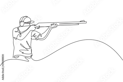 One continuous line drawing young man on shooting training ground practice for competition with rifle gun. Outdoor shooting sport concept. Dynamic single line draw graphic design vector illustration