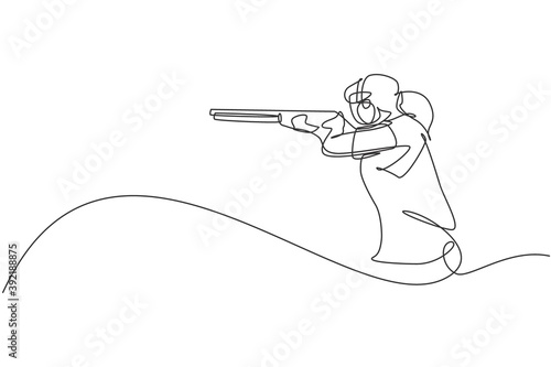 One single line drawing young woman practicing to shot target in range on shooting training ground vector graphic illustration. Clay pigeon shooting sport concept. Modern continuous line draw design