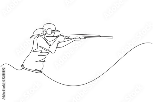 One continuous line drawing young woman on shooting training ground practice for competition with rifle gun. Outdoor shooting sport concept. Dynamic single line draw design vector illustration graphic